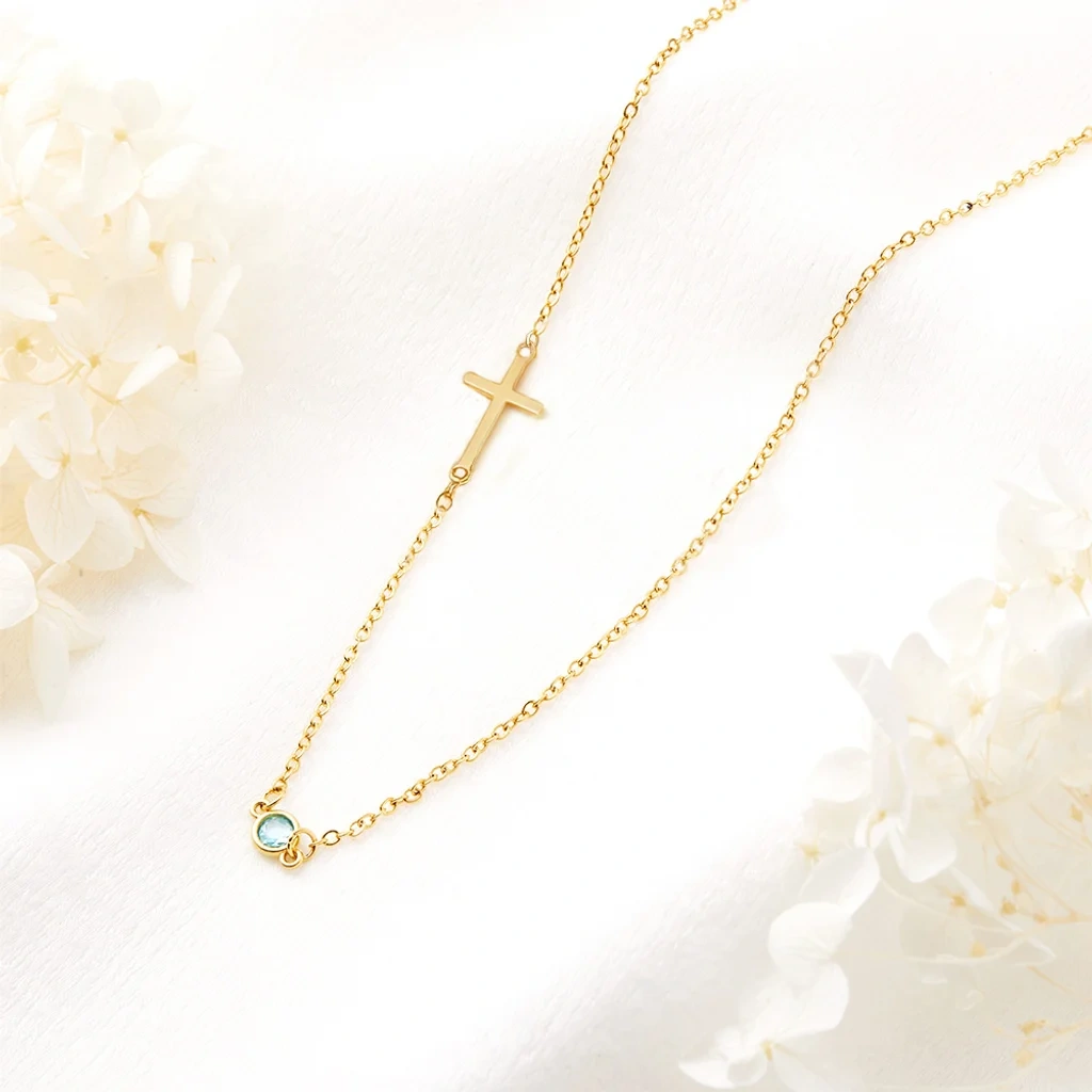 Personalisierte Seite Kreuz Birthstone Halskette Valentinstag Zierlichen Schmuck Kommunion Christlichen Jahrestag Geschenk Für Frauen