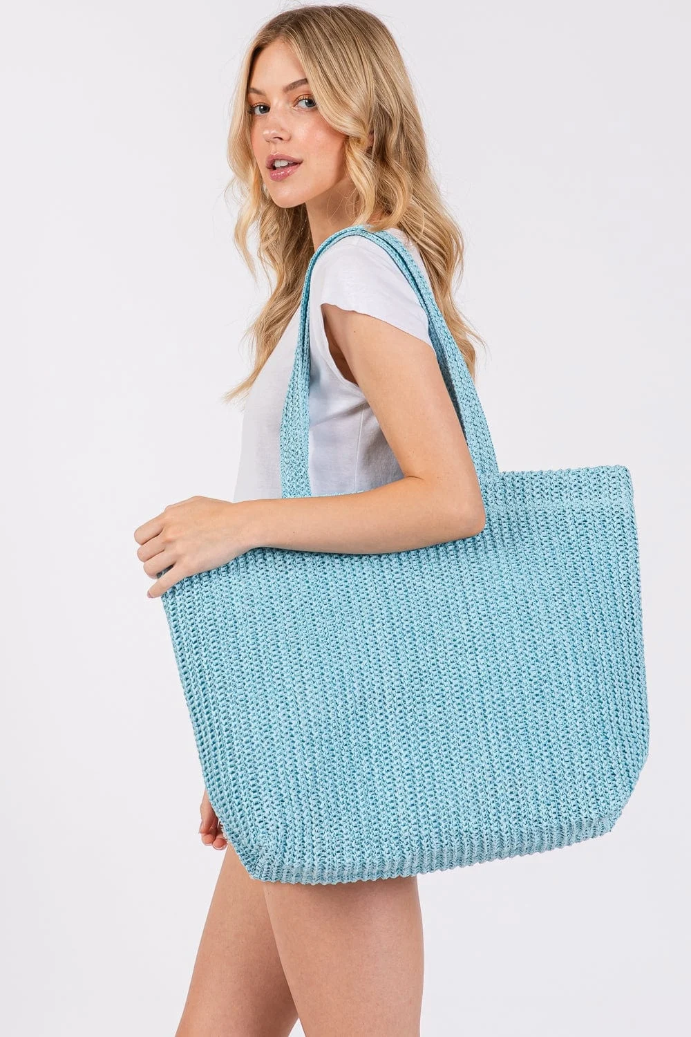 Mb0271 Solid Crochet Straw Tote Bag - Blue