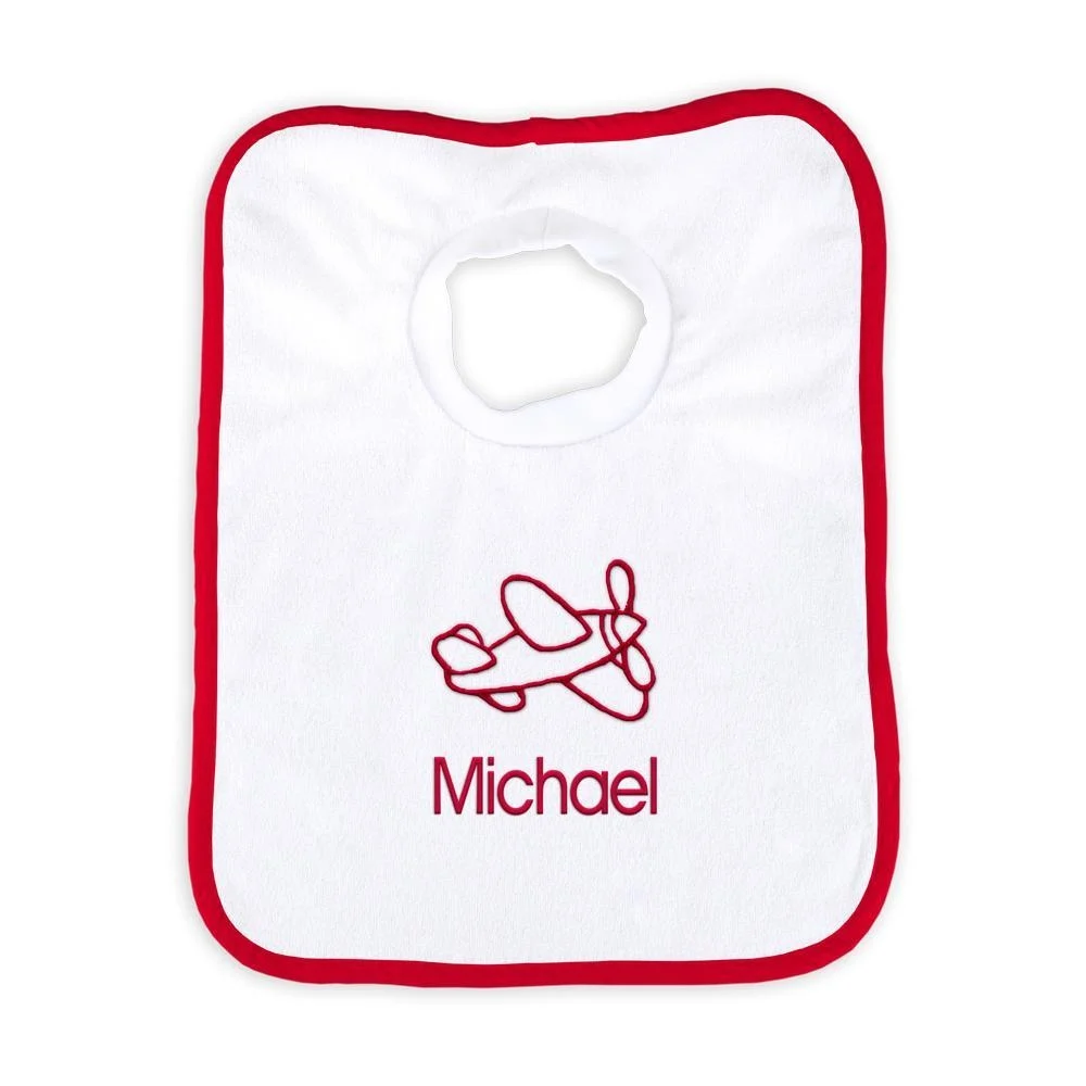 Personalized Basic Bib With Airplane - White With Blue Gingham Trim