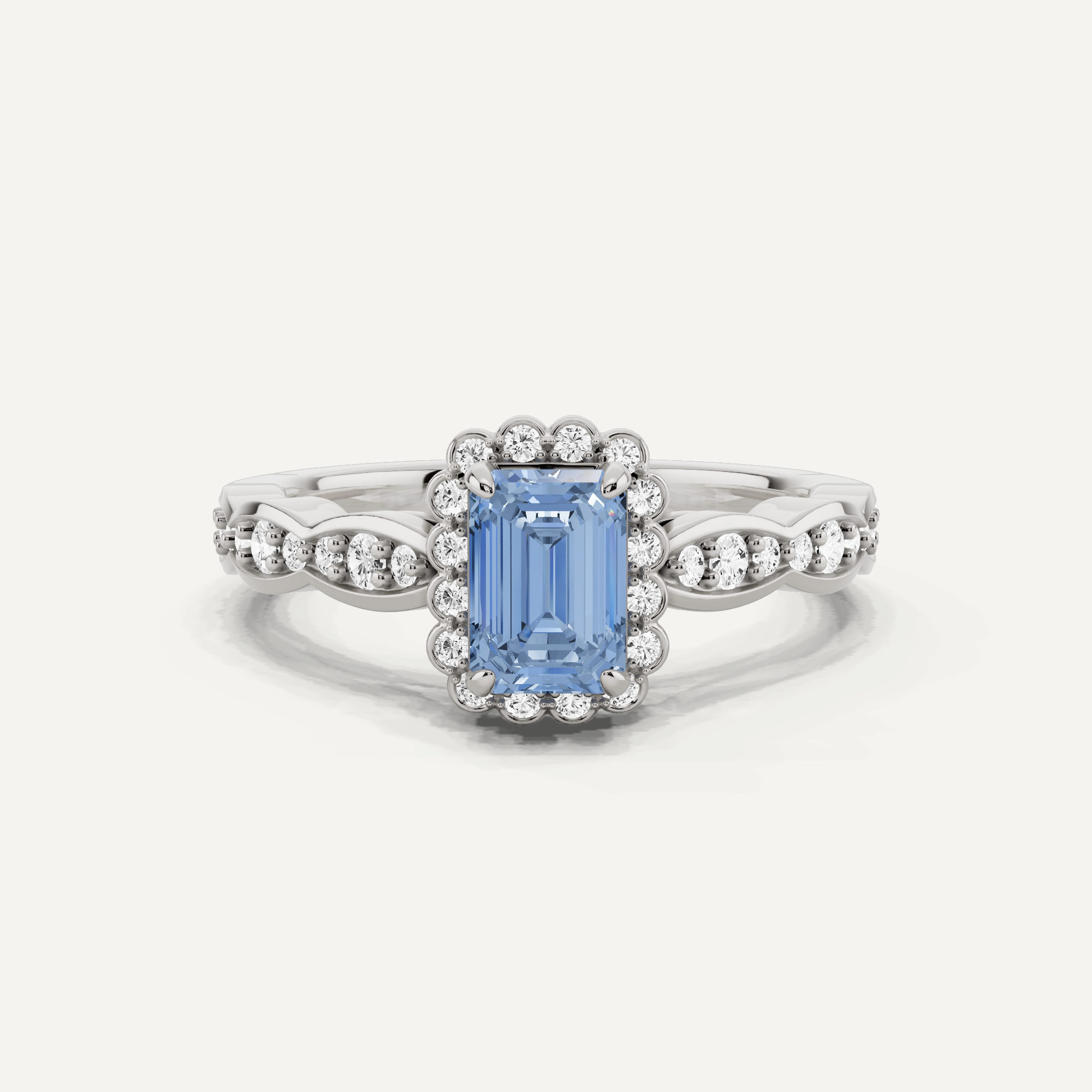 1 Ctw Emerald Created Aquamarine Marquise Shape Sides Halo Engagement Ring - 14k White Gold