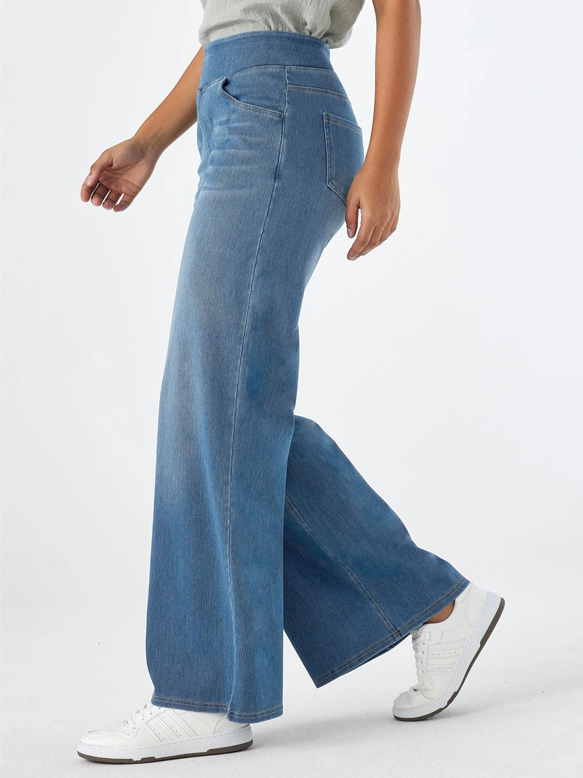 Showitty Women's High-waisted Wide-leg Jeans | Crossover Flared Jeans Stretchy Denim Pants - High-waisted Medium Blue