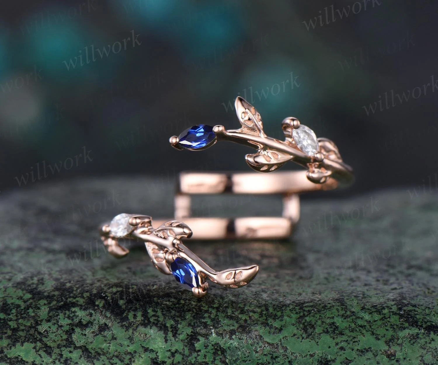 Vintage Kite Cut Blue Sapphire Engagement Ring Leaf Stacking Rose Gold Diamond Wedding Promise Ring Set Women Jewelry - 1pc Wedding Band+m/925 Sterling Silver