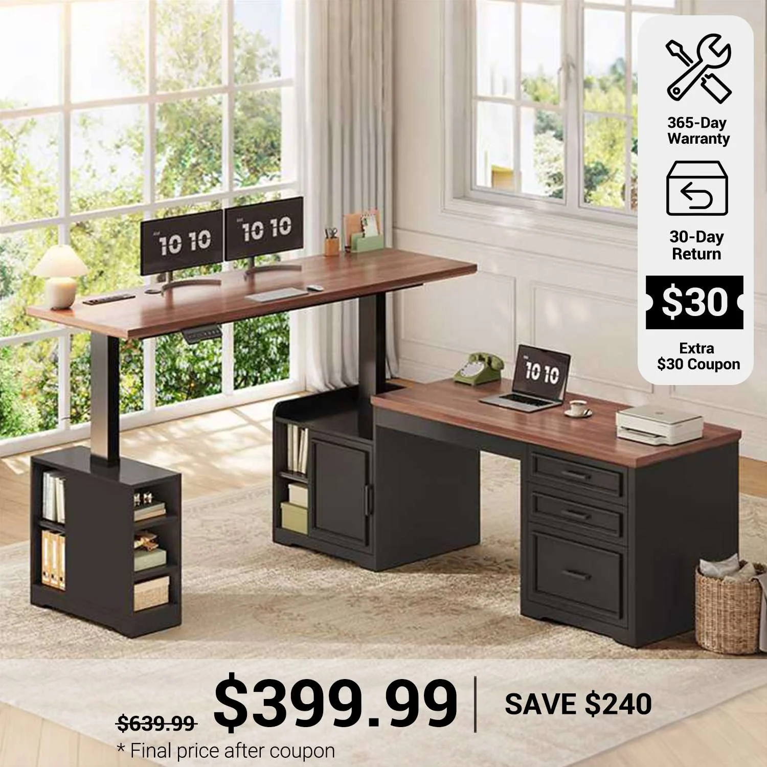 Sedeta 63 Inch Electric Standing Desk Farmhouse Height Adjustable L Shaped Reversible 110 Inch Two Person Executive Computer Long Desk With Drawers - Black