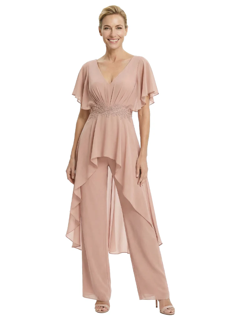 Stylish Mother Of The Bride Pantsuit V-neck Flutter Sleeves Chiffon Overlay Jumpsuit - Dark-green