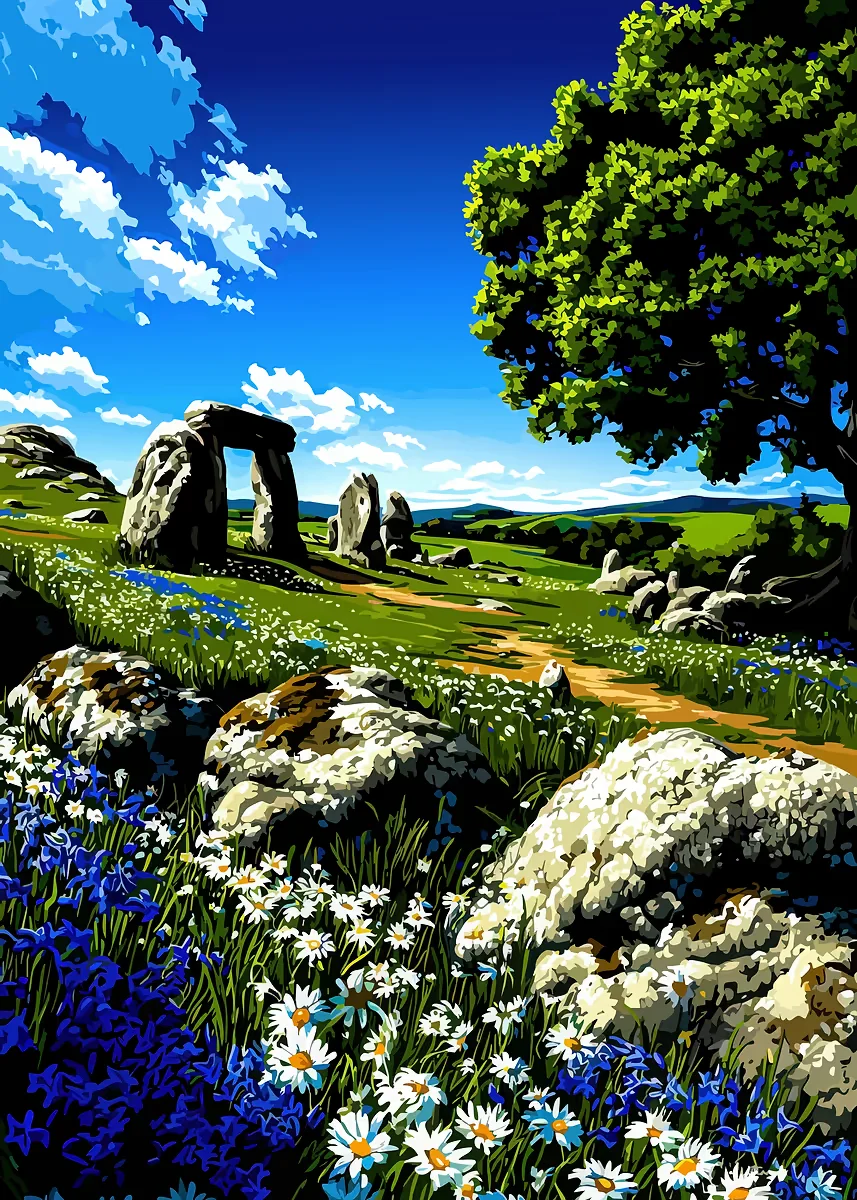 Stonehenge Landscape With Flowers And Tree Poster