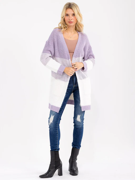 Women's Long Sleeve Open Front Pockets Colorblock Cardigan - Hunter Green/4-2 (s/m-m/l)