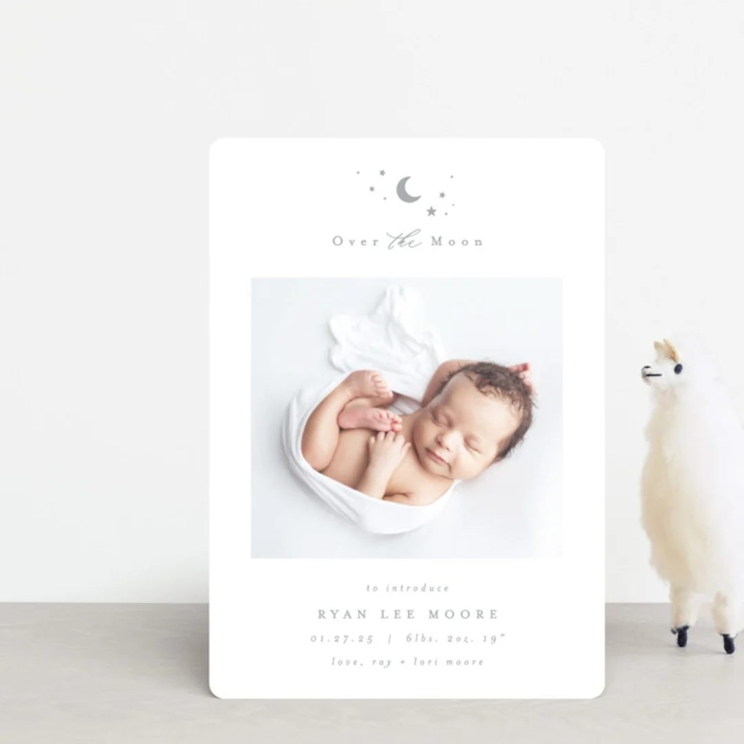 Over The Moon Petite Birth Announcement Flat Card By Ak Graphics