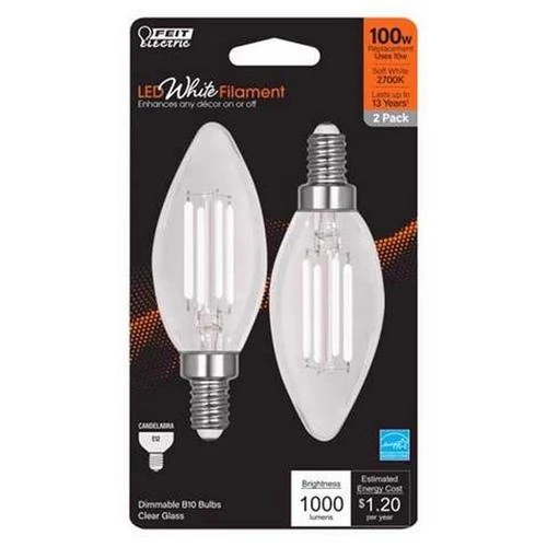 Feit White Filament B10 E12 Candelabra Filament Led Bulb Soft White 100 Watt - 2 Pack