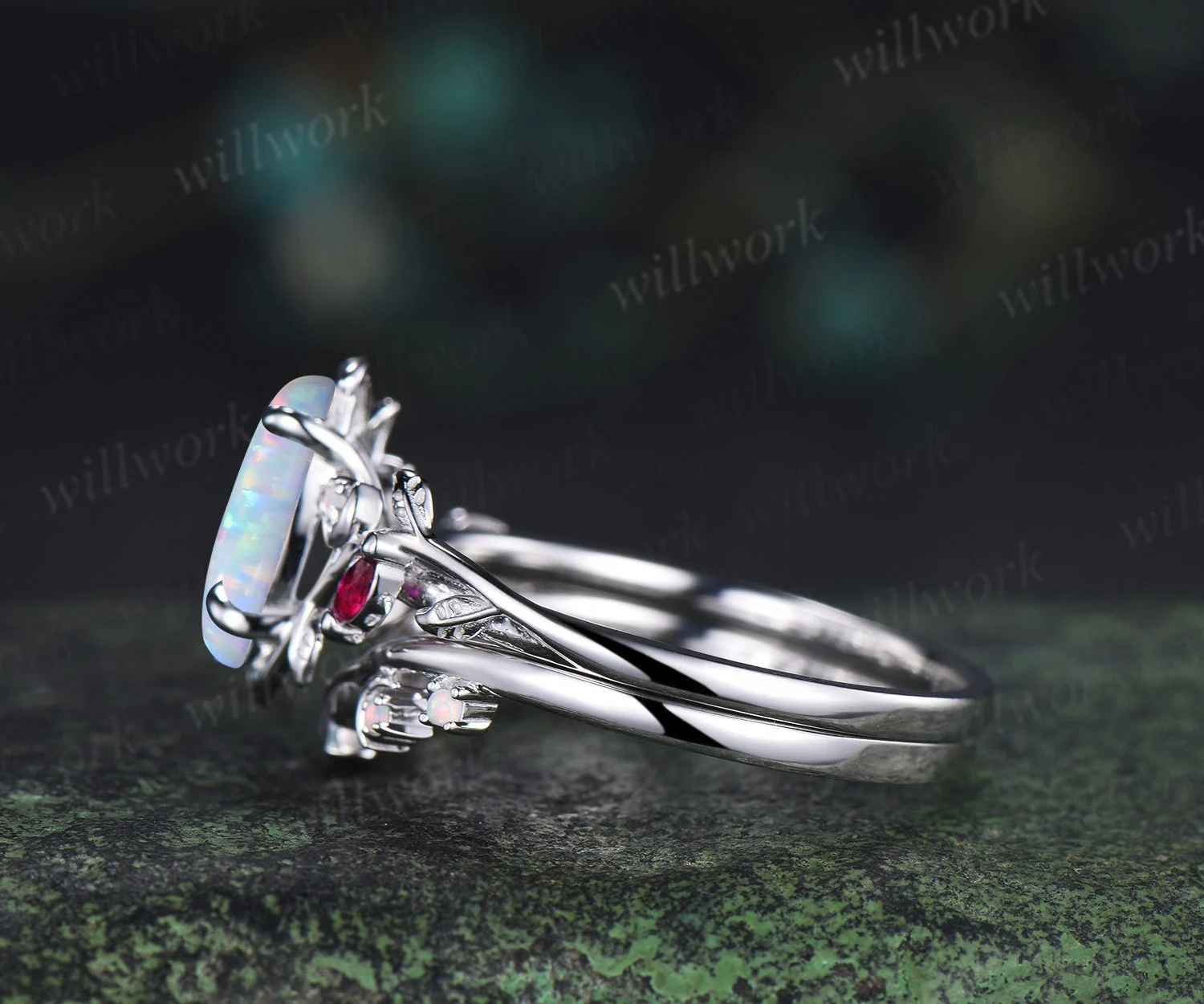 Marquise Opal Ring White Gold Leaf Moon Nature Inspired Engagement Ring Set Vintage Ruby Ring Women - 2pc Ring Set/10k Yellow Gold