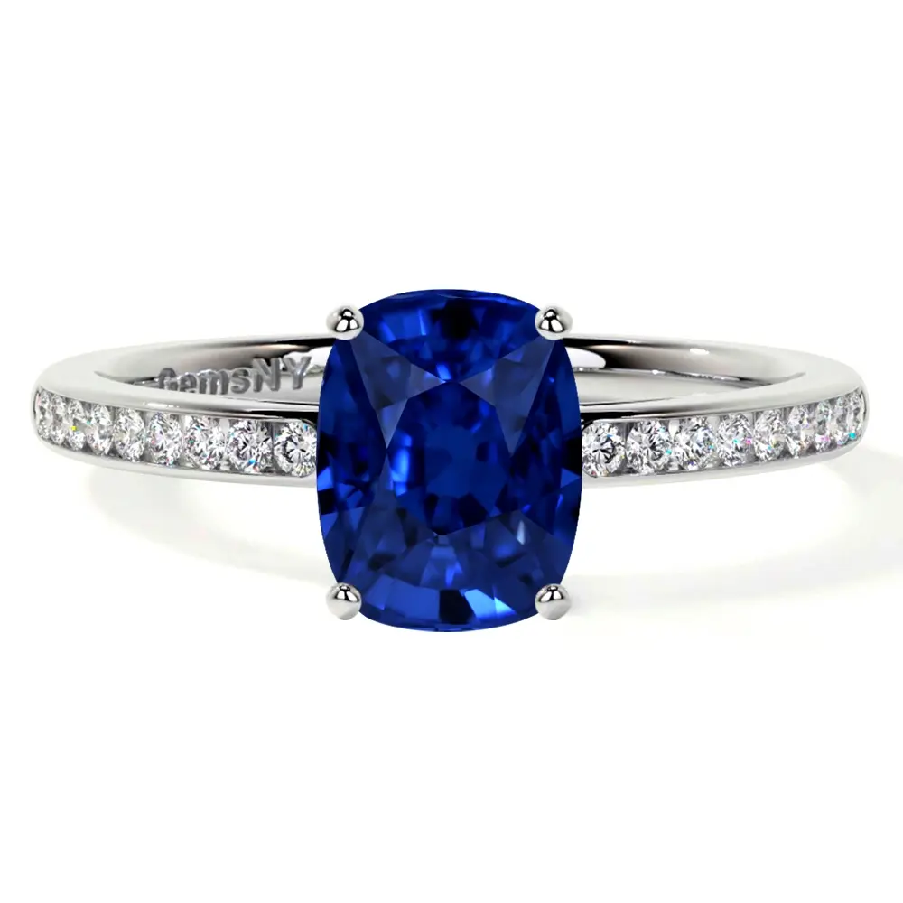 Lab Grown Elongated Cushion Sapphire Prong Set Ring With Round Diamonds (1.28cttw)