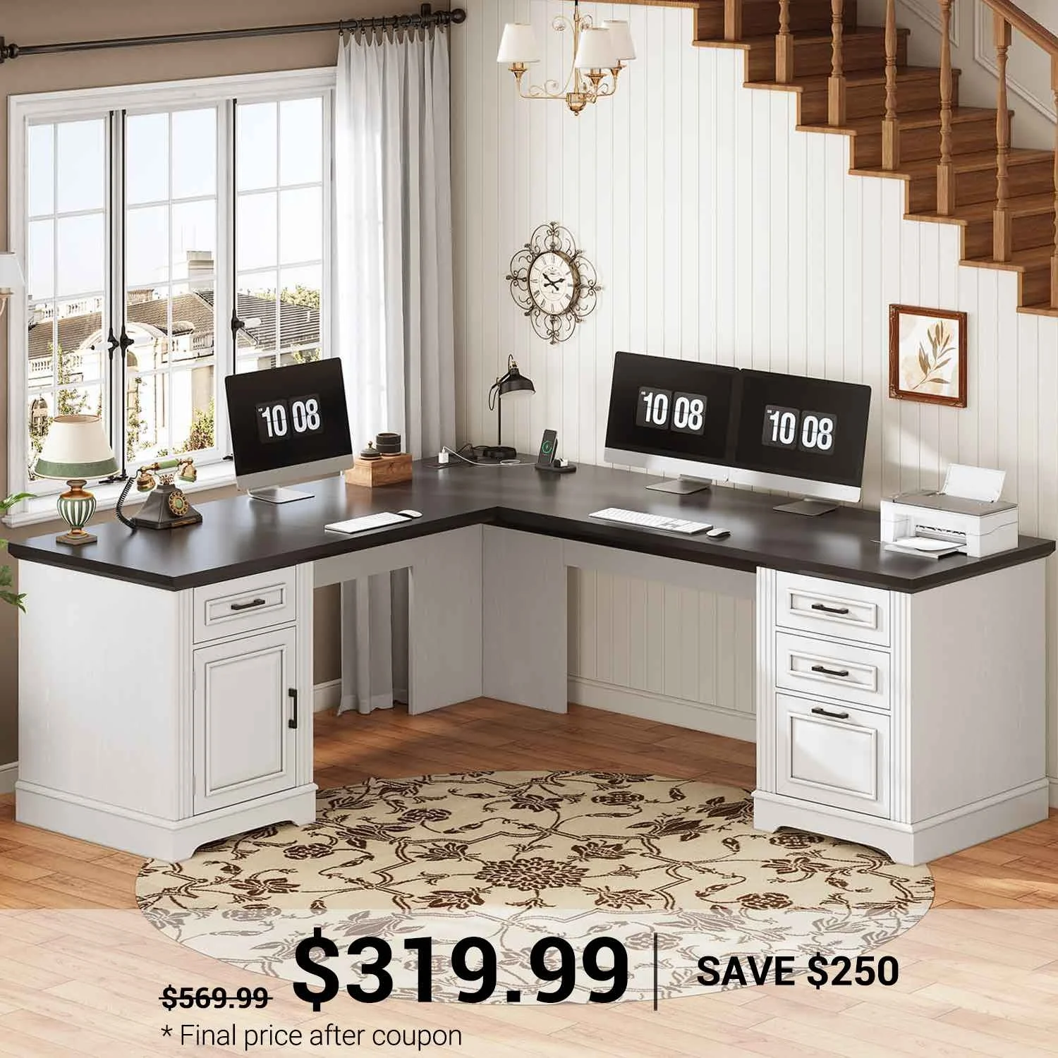 Sedeta 69 Inch Executive L Shaped Computer Desk With Drawers And Storage Cabinet Power Outlets Classical American Style - White