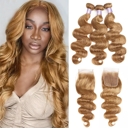 #27 Honey Blonde Color Body Wave 3 Bundles With 4x4 Lace Closure Human Hair Extensions - 18 20 20 With 16
