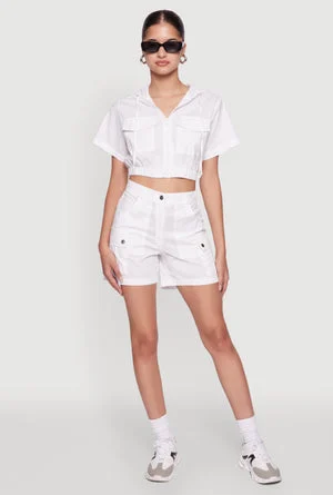 Cropped Zip Front Hooded Top - White
