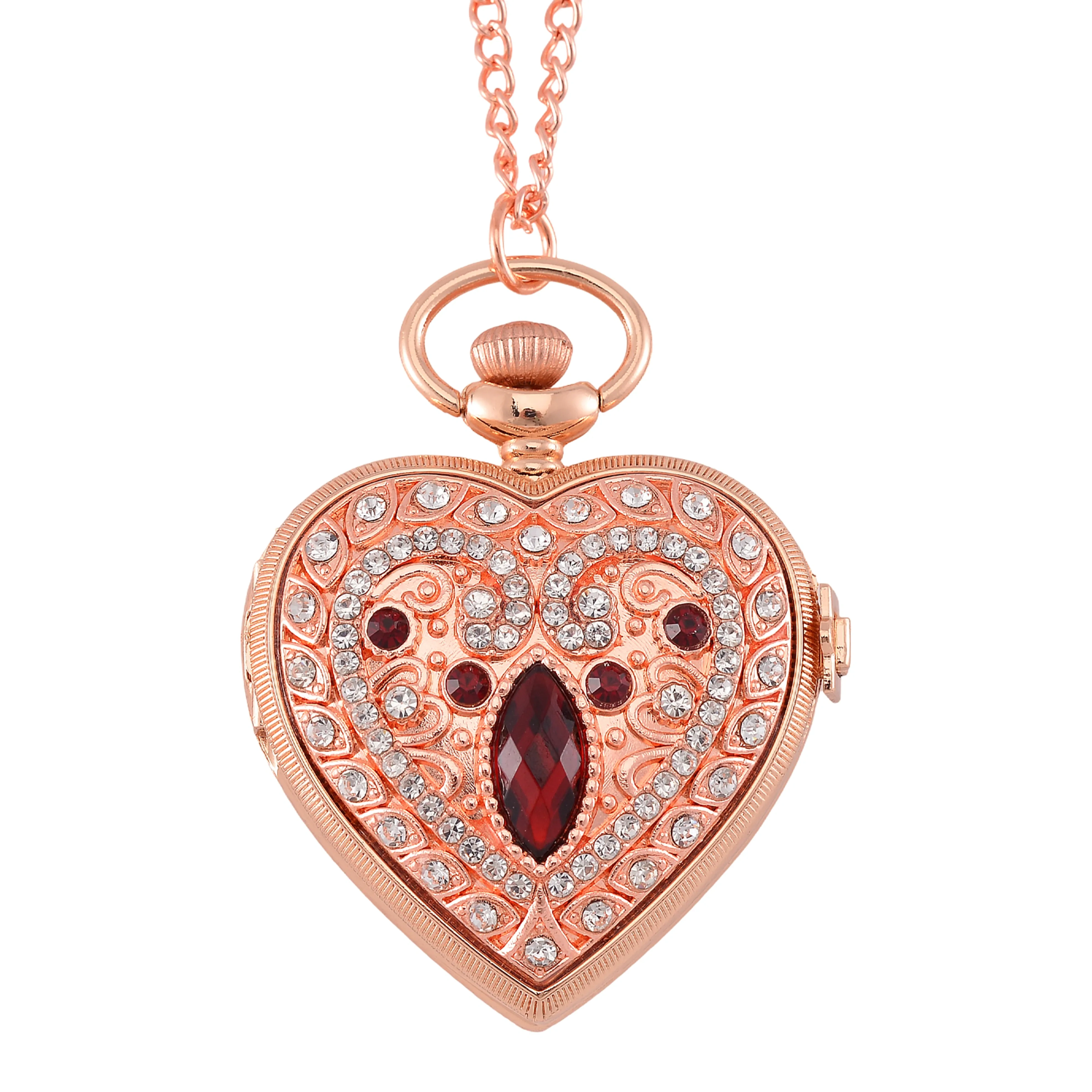 Strada Red Glass, Multi Color Austrian Crystal Japanese Movement Heart Shaped Pocket Watch With Chain (31 Inches) In Rosetone
