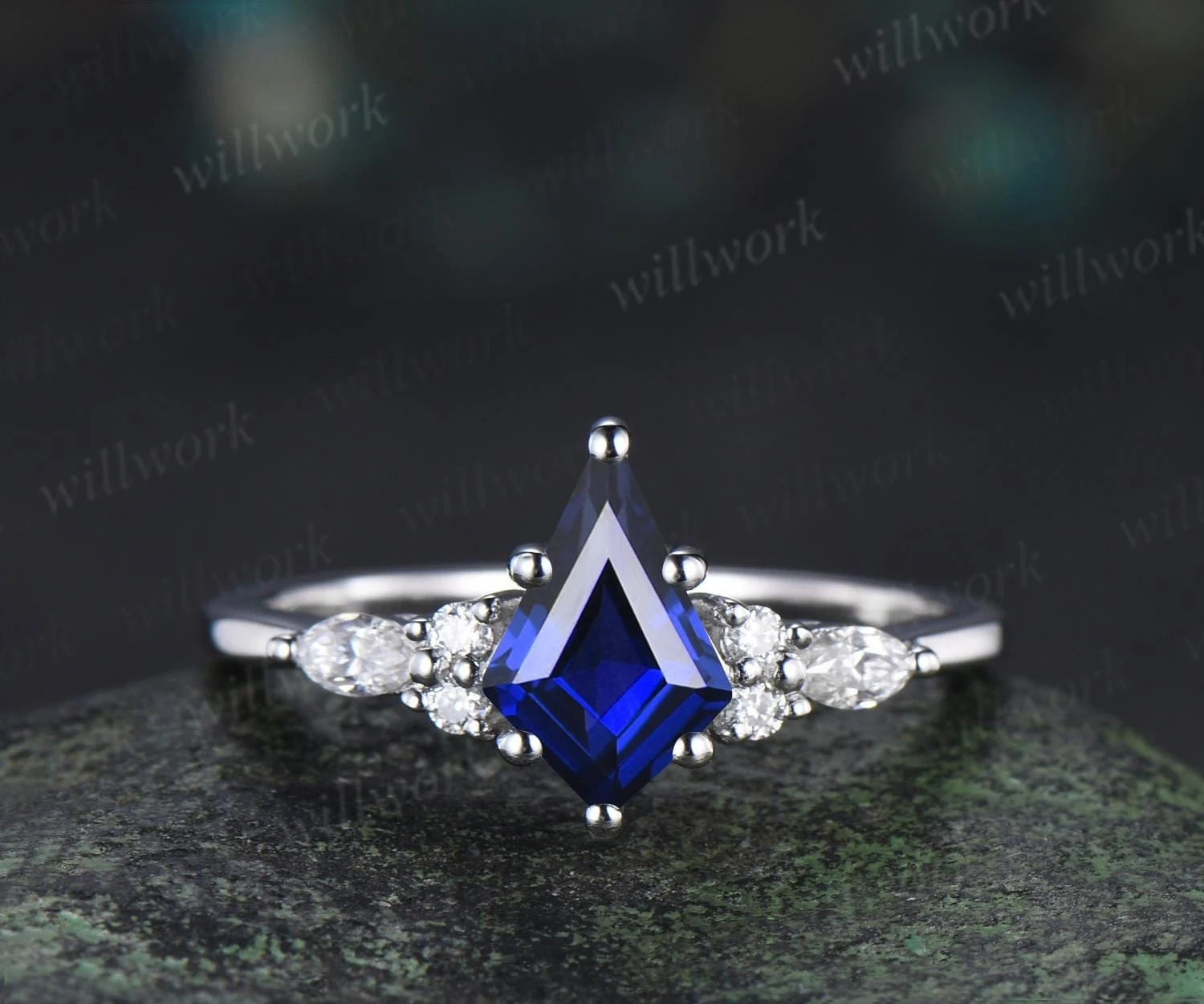 Kite Cut Blue Sapphire Engagement Ring Set Moissanite Vintage White Gold Ring Leaf Nature Inspired Wedding Ring Band Retro Bridal Set - 1pc Main Ring/18k Yellow Gold