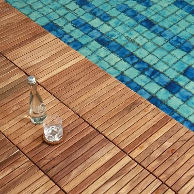 Nordic Teak (10 Sq Ft) Oiled Outdoor Interlocking Floor Tiles, 9 Slat - Brown