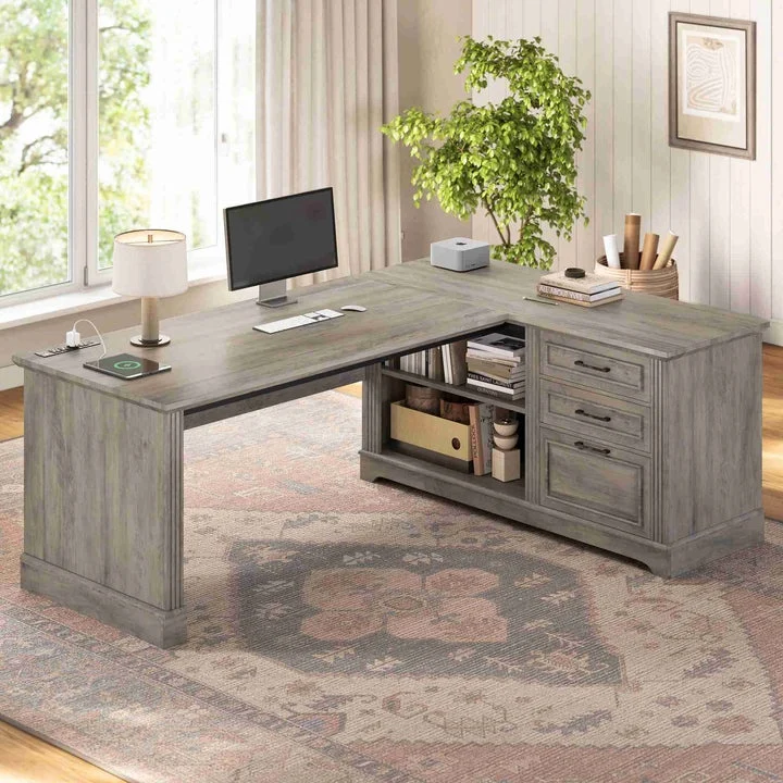 Sedeta 61 Inch L Shaped Farmhouse Executive Computer Desk With Power Outlets File Drawers And Storage Shelves
