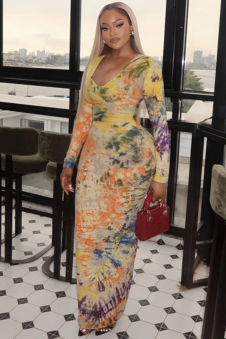 Tie Dye Print Deep V Neck Long Sleeve Cinch Waist Maxi Dresses-multicolor