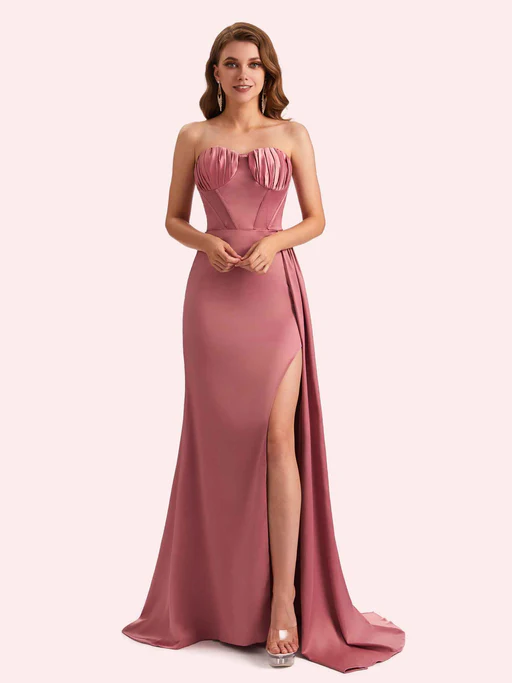 Elegant Sweetheart Mermaid Side Slit Soft Satin Long Matron Of Honor Dress For Wedding - Blushing-pink