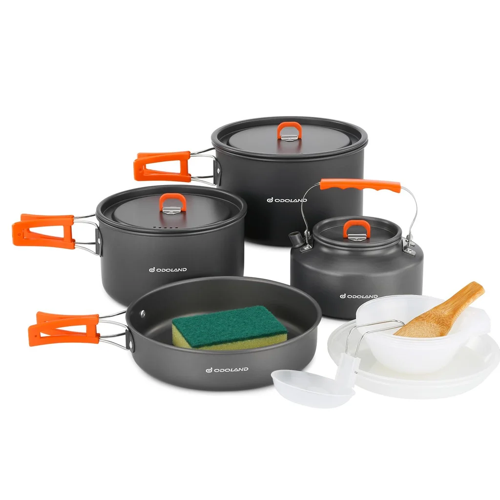 Odoland 15pcs Camping Cookware Non-stick Lightweight Camping Pots And Pans Set With Kettle Plastic Plates Bowls Soup Spoon For Camping