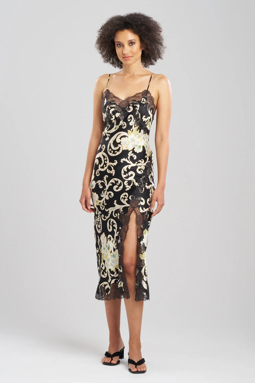 Camille Floral Scroll Lace Slit Silk Slip Dress