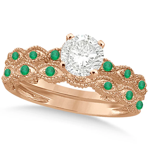 Vintage Lab Grown Diamond & Emerald Bridal Set 18k Rose Gold 1.20ct