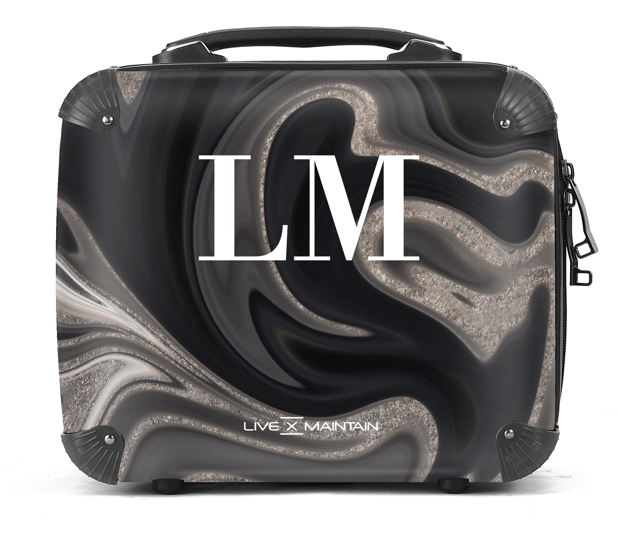 Personalised Black Luxury Marble Initials Suitcase - Vanity Case (29x32x19cm / 11.4-inch)
