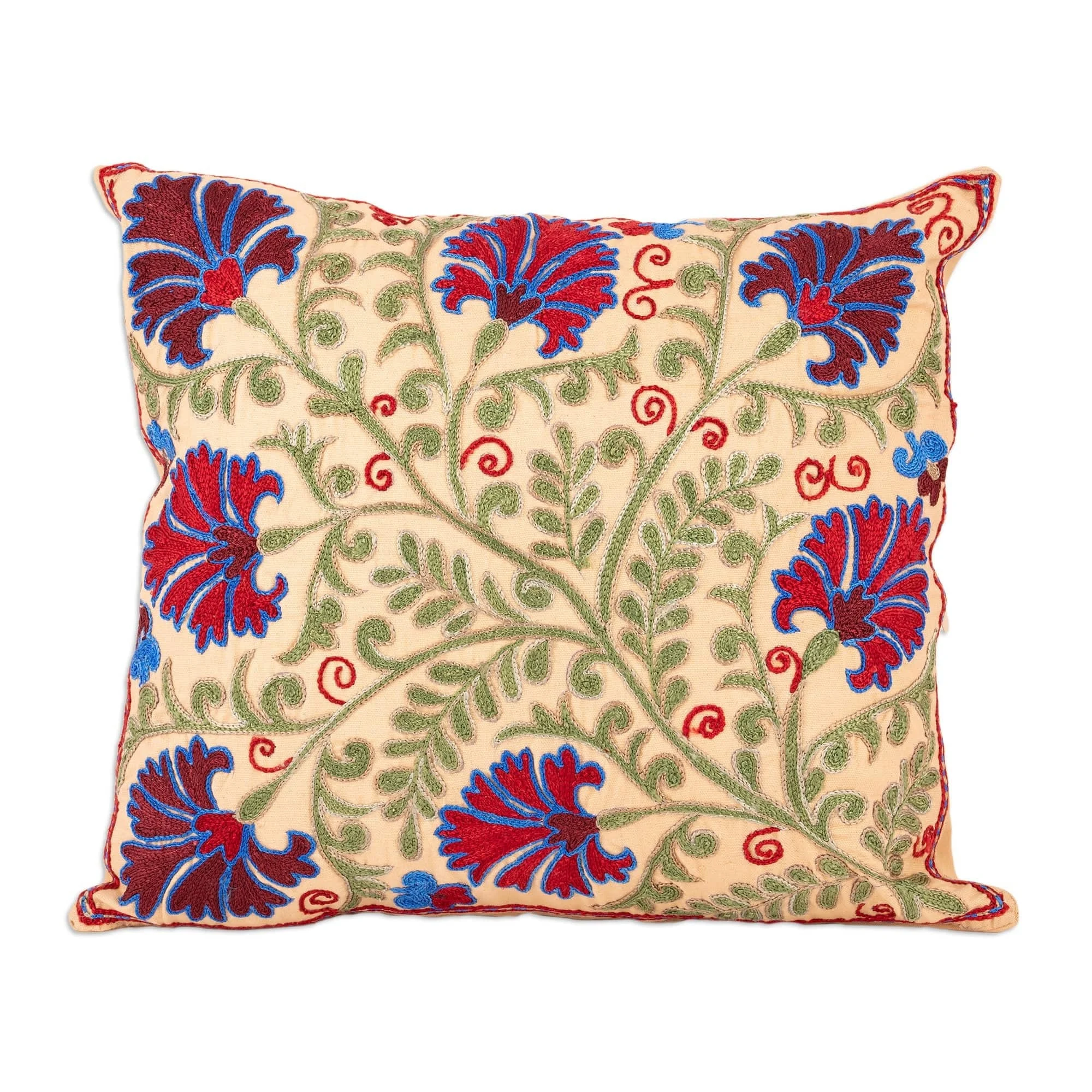 Leaf And Floral Embroidered Cotton And Viscose Cushion Cover - Bukhara Forest