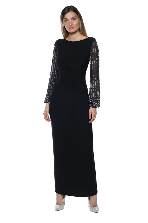 Long Sleeve Boatneck Sheath Dress - Black/16