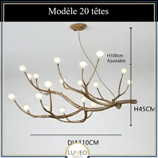 Lustre Branche D'arbre À Sphères Lumineuses | Élégance Rustique & Design Naturel - Modèle A | 20 Sphères/blanc Chaud