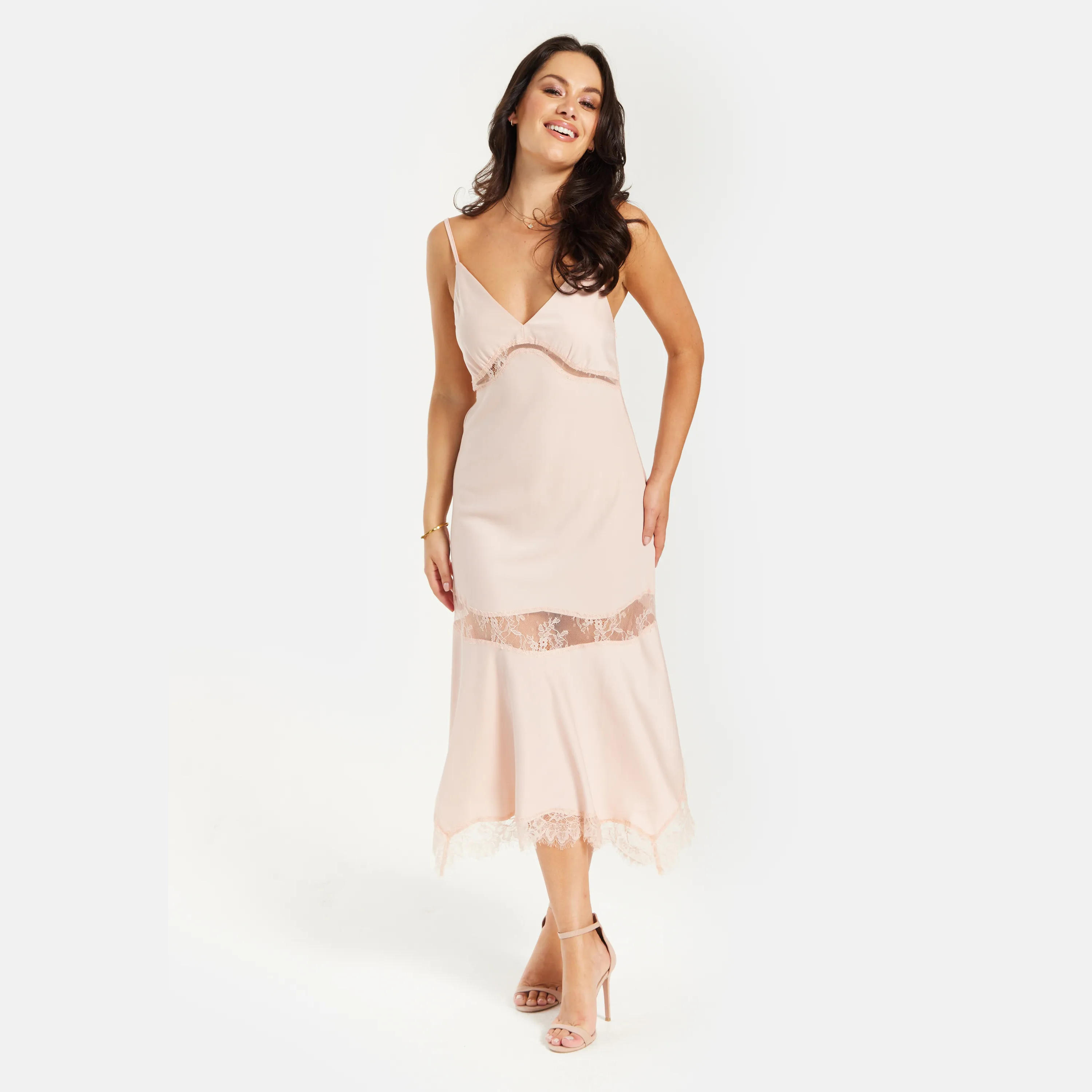 Liquorish Fine Lace Detail Strip Midi Dress In Nude