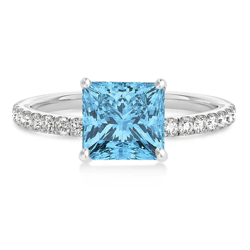 Princess Blue Topaz & Diamond Single Row Hidden Halo Engagement Ring 18k White Gold (0.81ct)