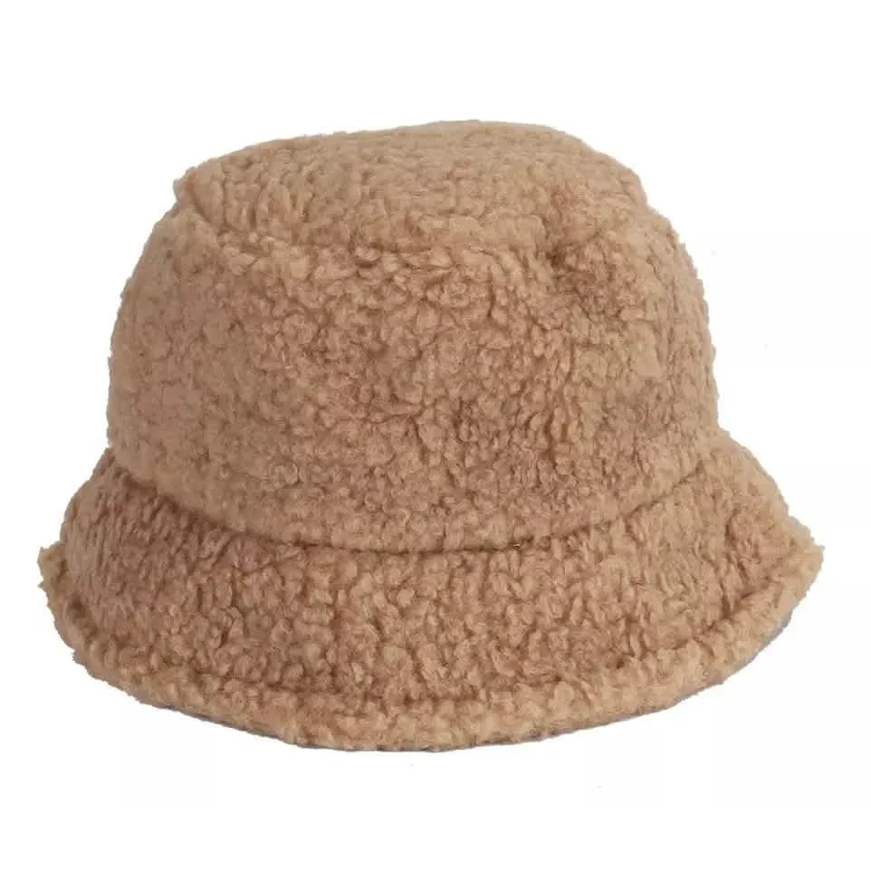 Winter Bucket Hat Women Warm Hats Vintage Faux Fur Fisherman Cap - Khaki