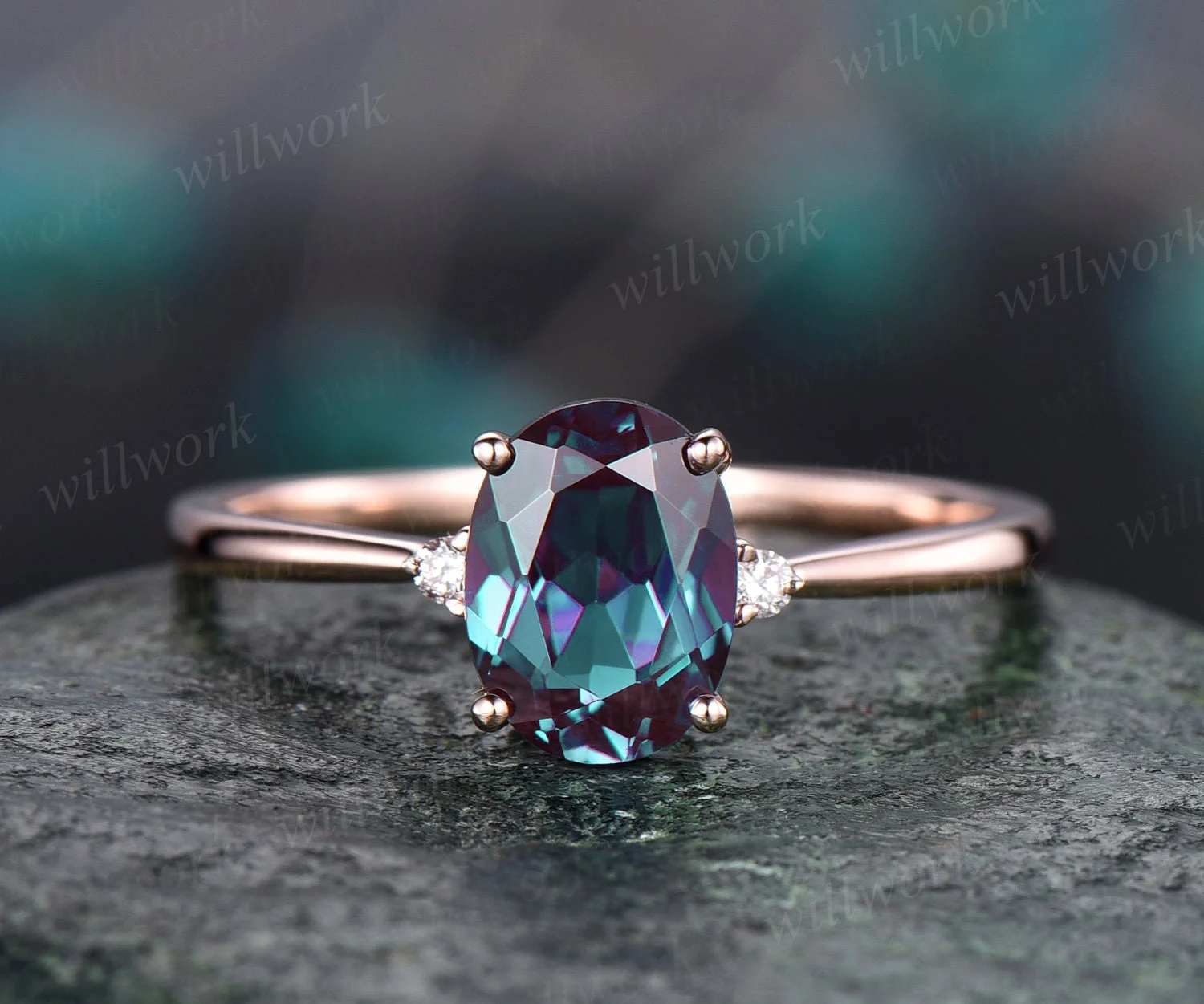Oval Cut Alexandrite Engagement Ring Rose Gold Three Stone Engagement Ring Real Diamond Ring Alexandrite Ring Gold Vintage Gift For Her - 14k White Gold