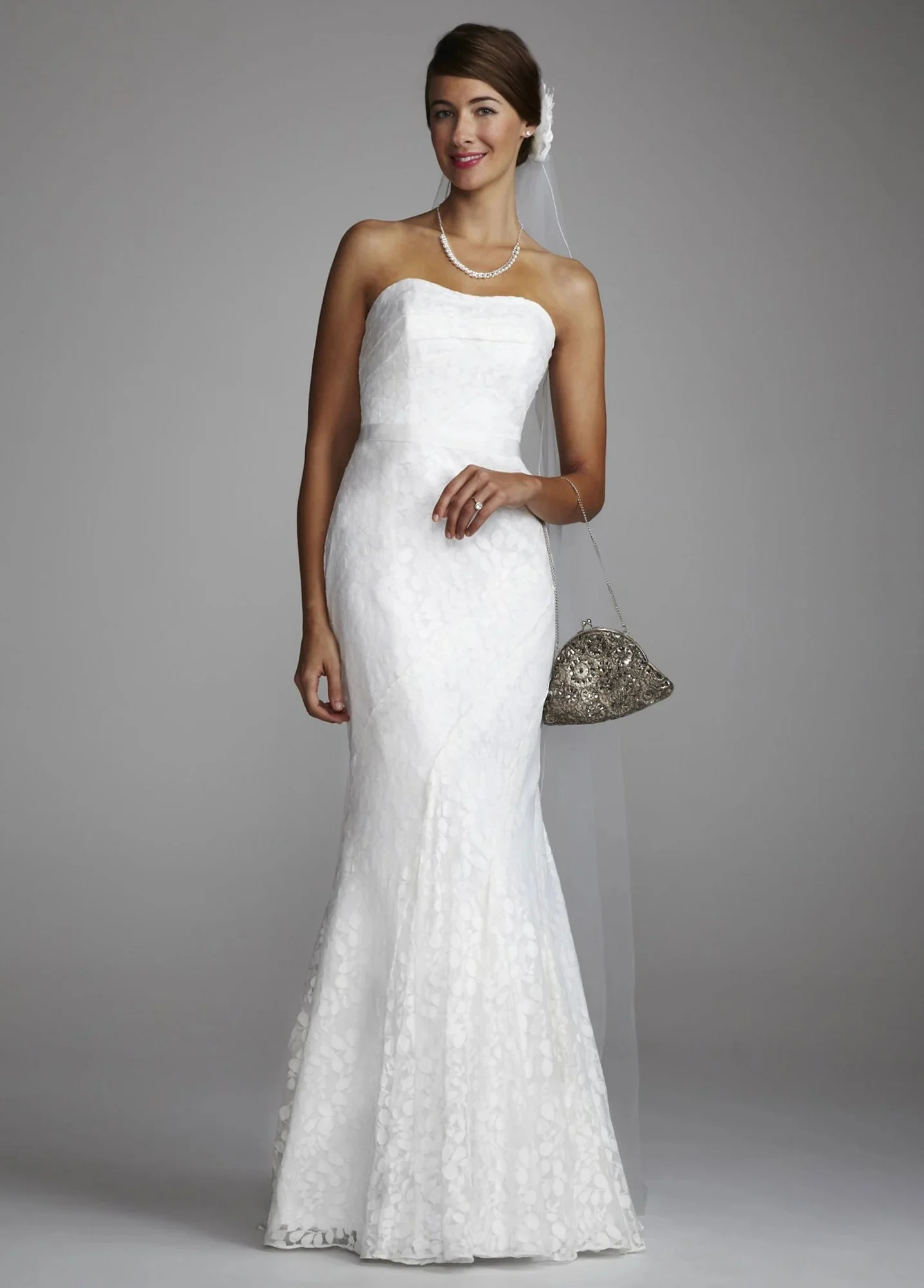 As-is Petite Strapless Lace Gown Ribbon Detail - Soft White