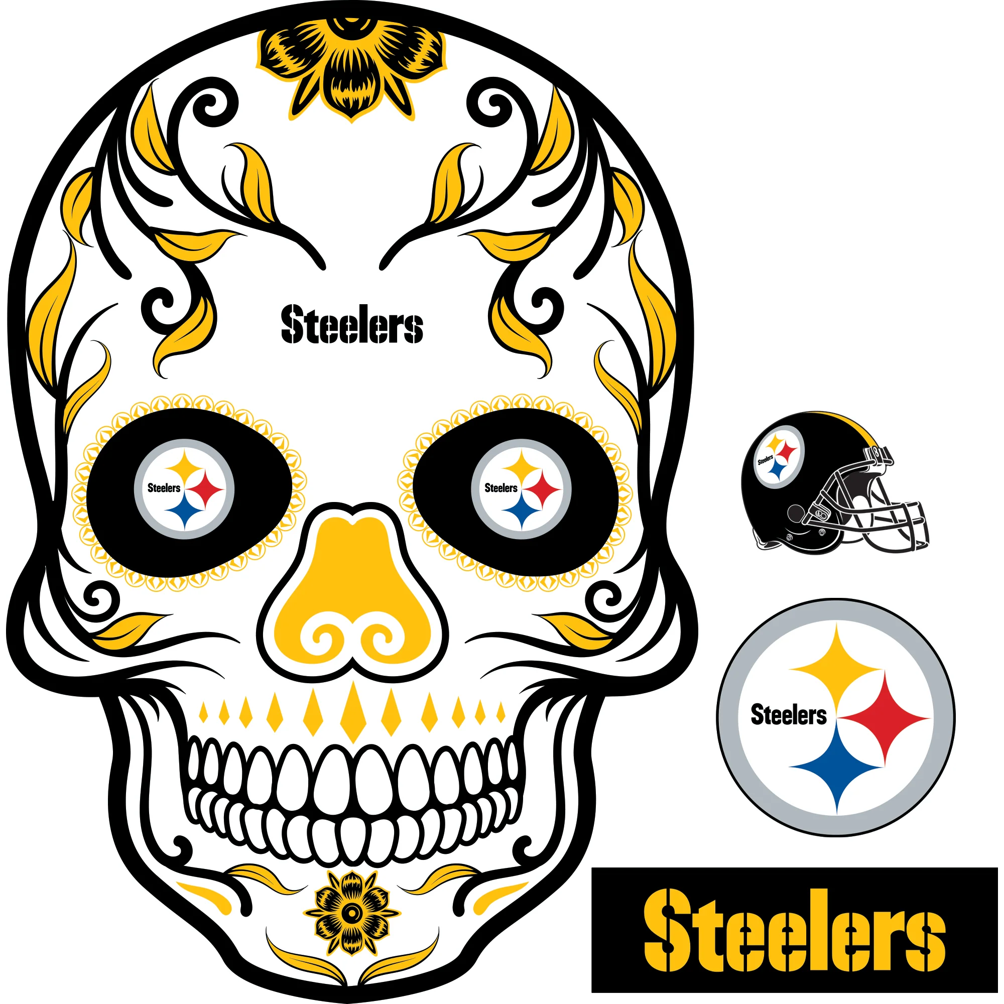 Pittsburgh Steelers - Realbig Skull Collection - Official Nfl - Reusable Vinyl Wall Decals - Large +3 Decals (35"w X 51"h)