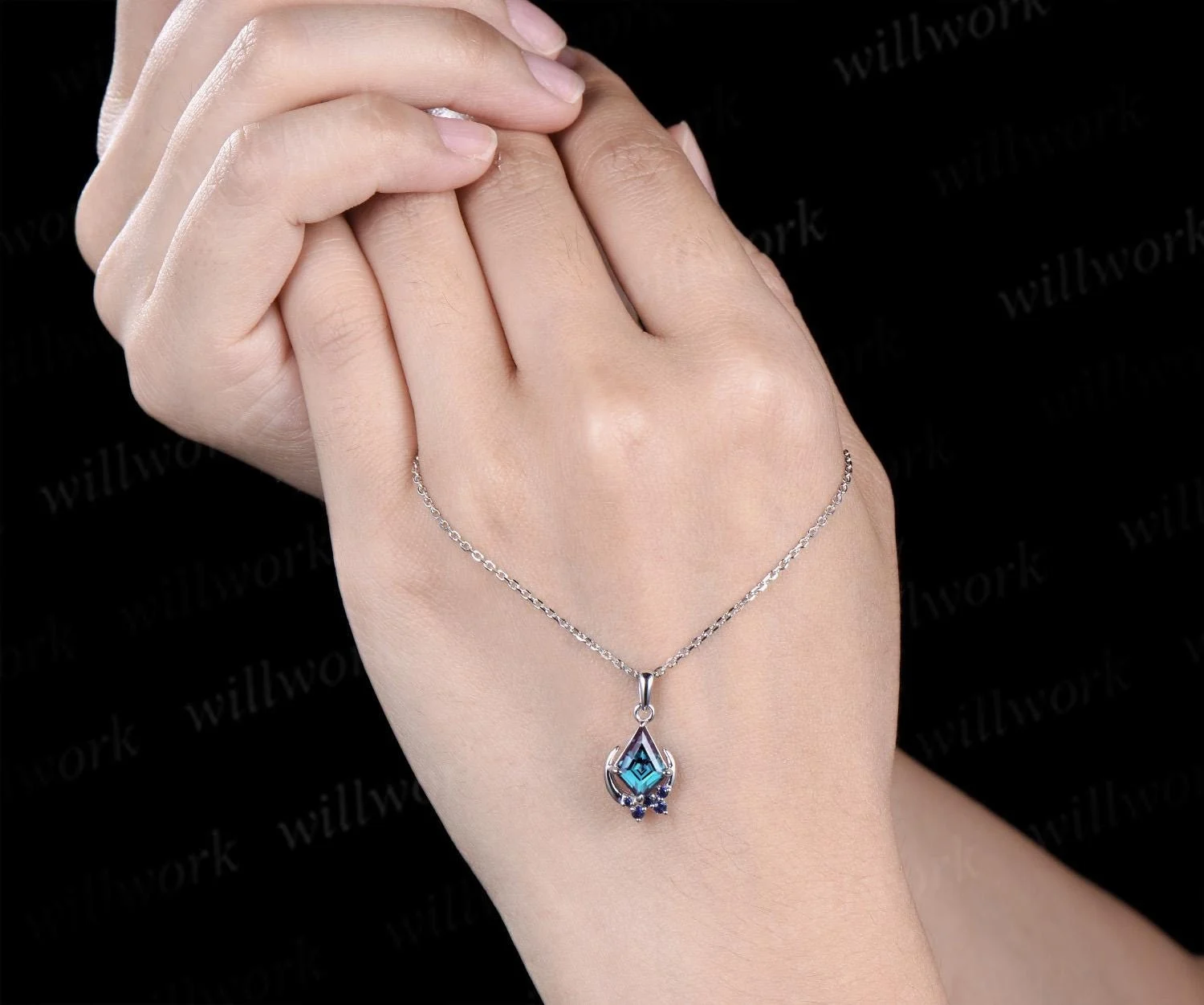 Kite Cut Alexandrite Necklace Solid 14k 18k White Gold Vintage Unique Cluster Moon Sapphire Pendant Women Her Anniversary Bridal Gift Mother - 9k Yellow Gold