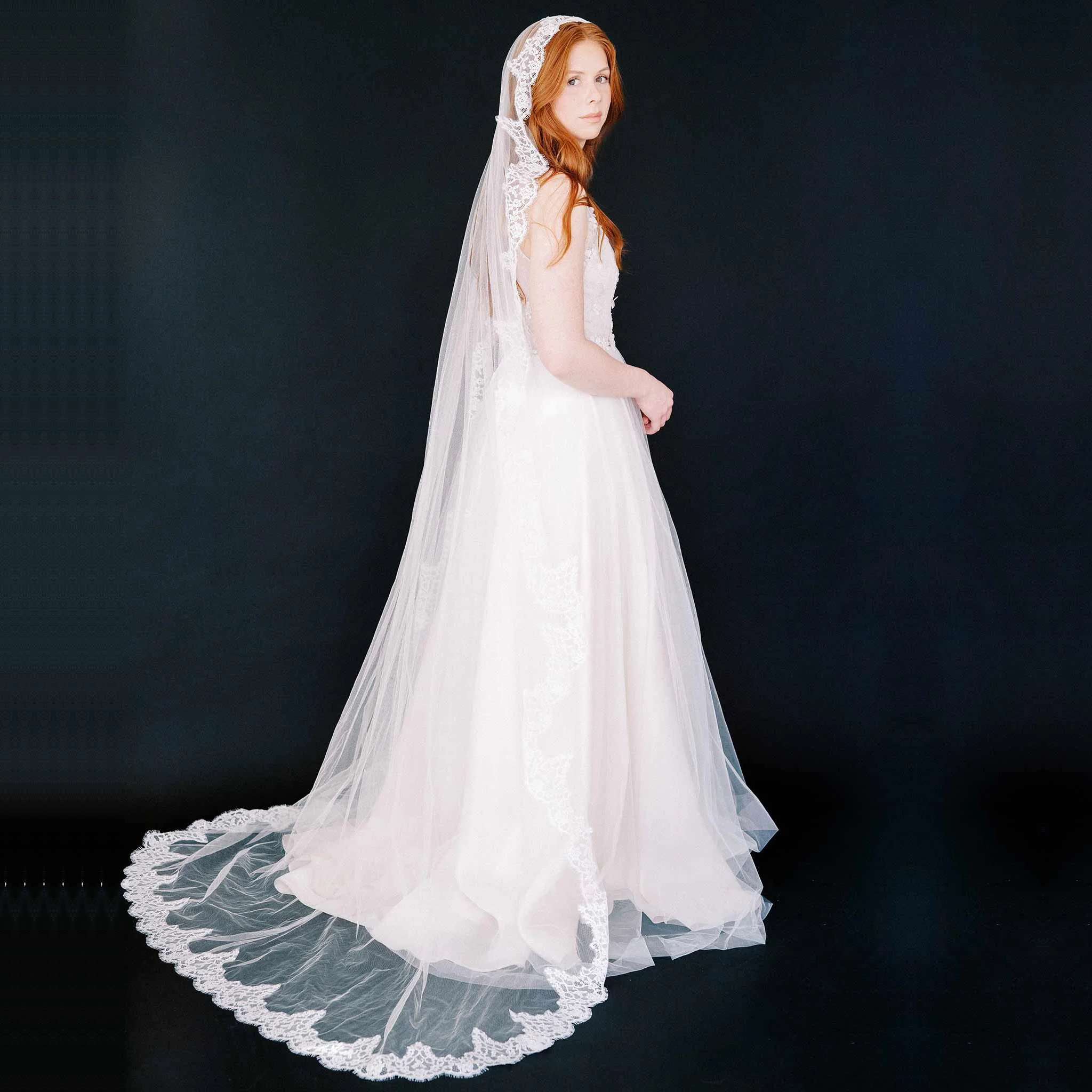 French Lace Trimmed Silk Tulle Train Veil