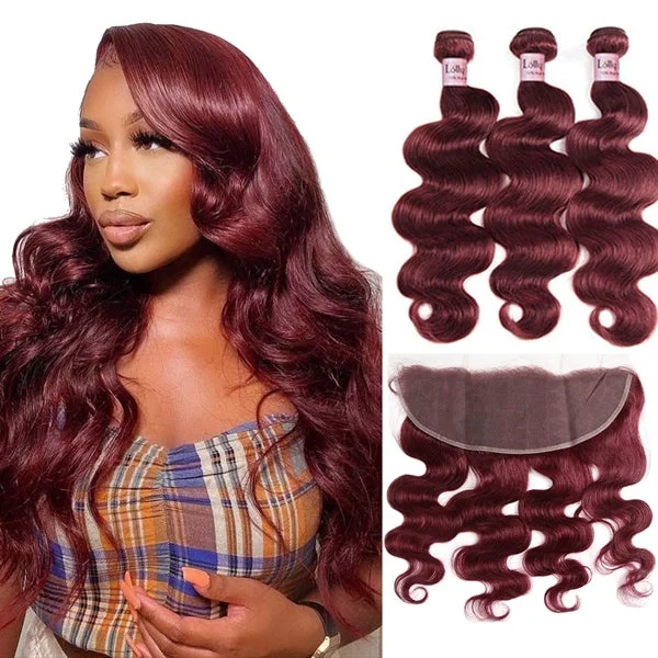 99j Burgundy Body Wave Human Hair Bundles With Frontal 13x4 Frontal - 18 18 18 With 18