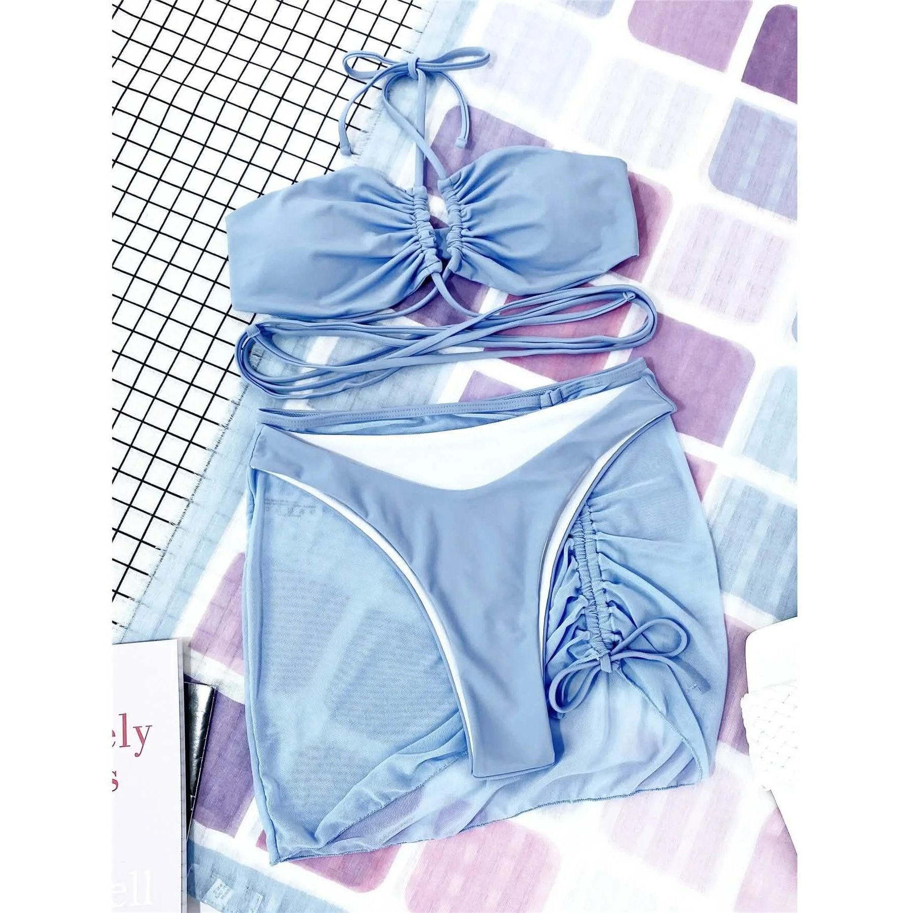 3-pack: Criss Cross Halter Bikini Swimsuit & Beach Skirt - Black