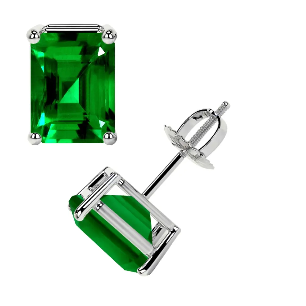Lab Grown Emerald Emerald Cut Classic Four Prong Stud Earrings (2.00cttw) Premium Quality