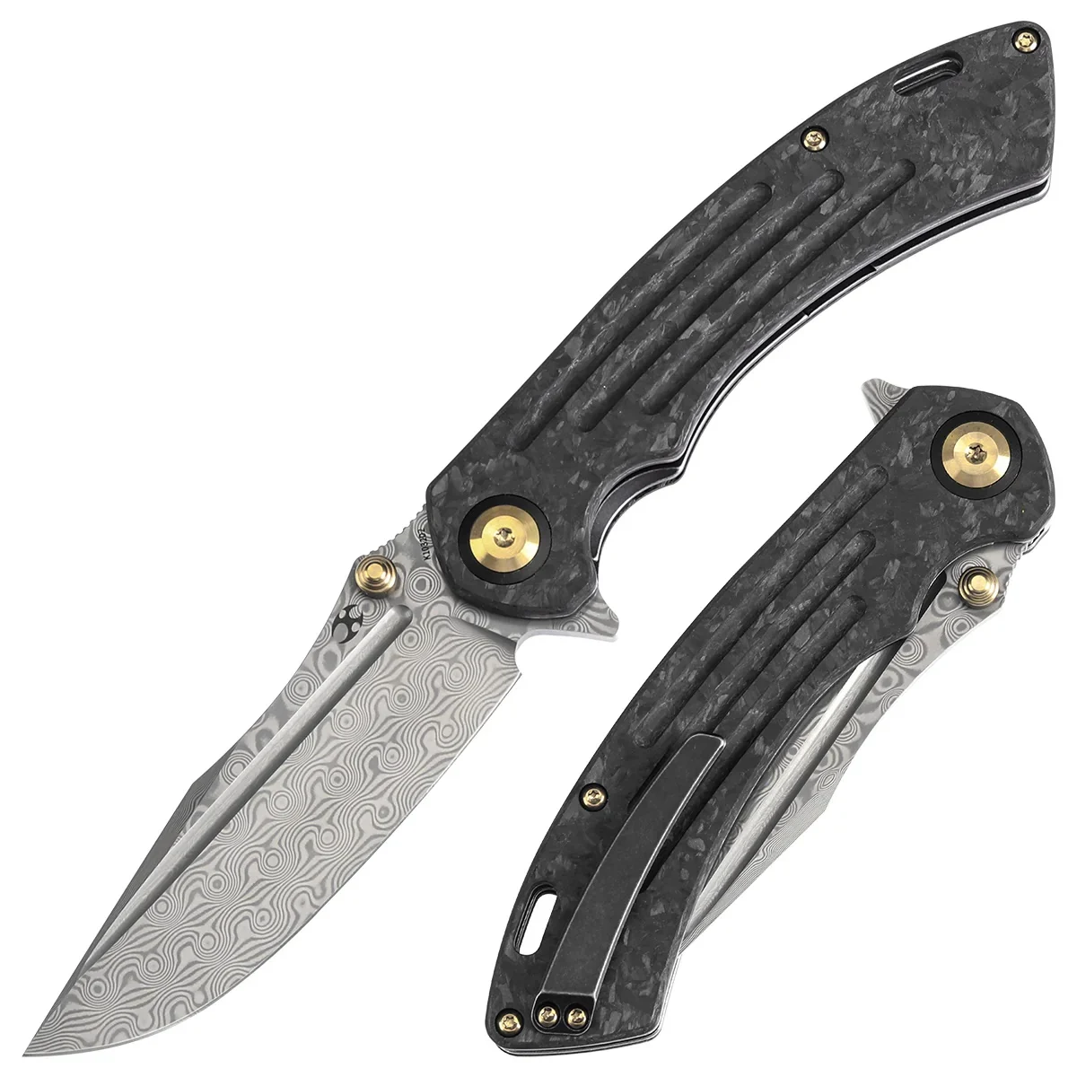 Kansept Pretatout Thumb Stub Flipper Shred Carbon Fiber Handle (3.56“ Damascus Blade) With Kmaxrom Design-k1032d2