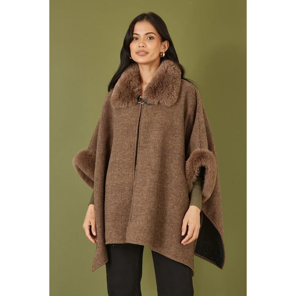 Yumi Brown Ponchos With Luxe Faux Fur Trim And Lining