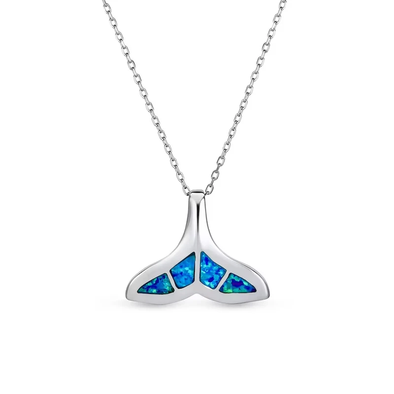 Blue Lab-created Opal Inlay Whale Tail Fin Pendant In Sterling Silver