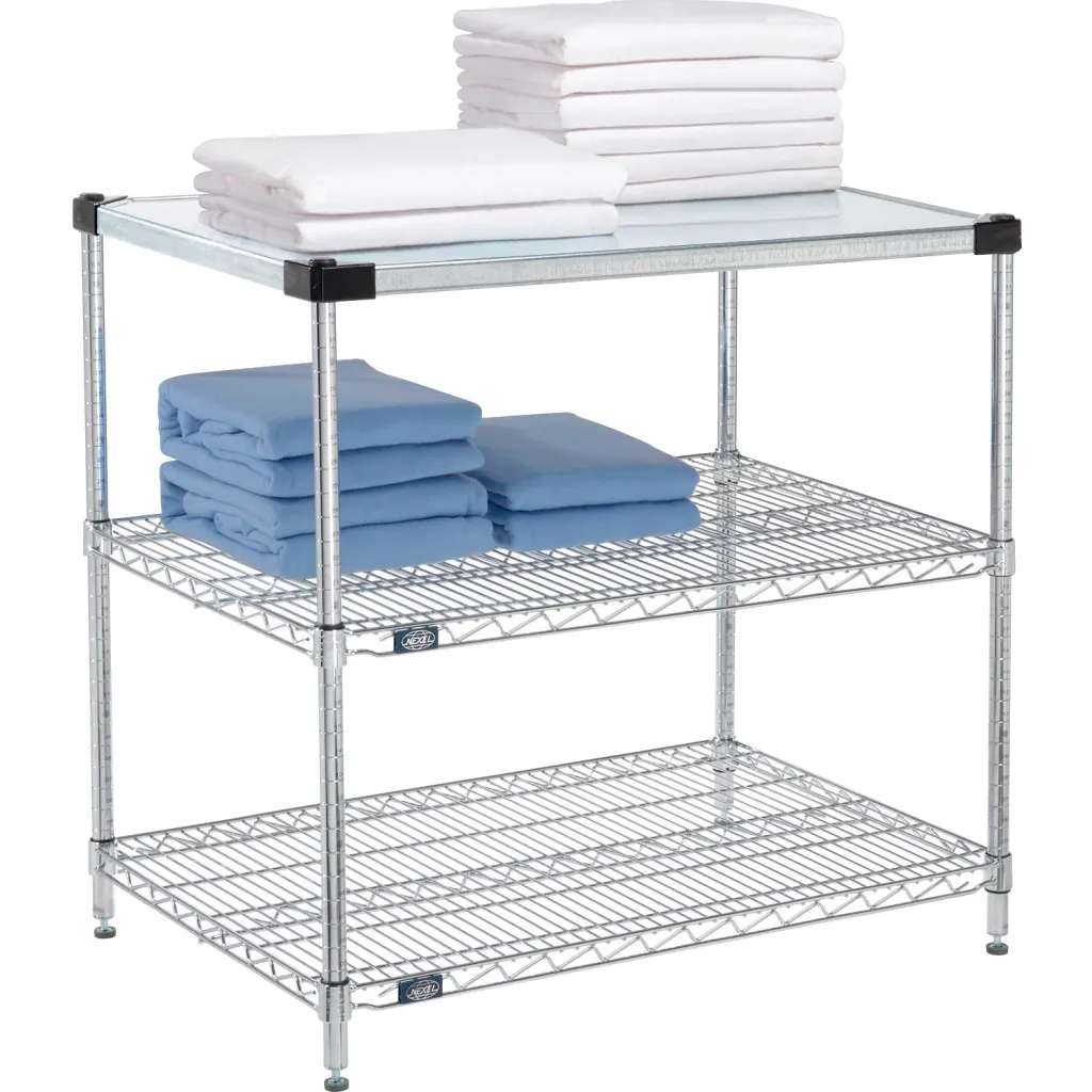 Nexel 3 Shelf Chrome Wire Shelving Unit Starter 1 Solid Shelf 36"w X 24"d X 34"h