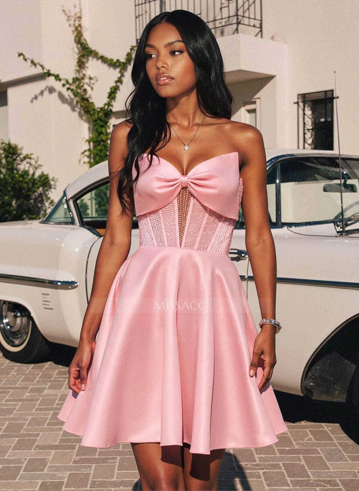 A-line Strapless Mini Satin Homecoming Dress With Bow And Beaded Embellished Bodice