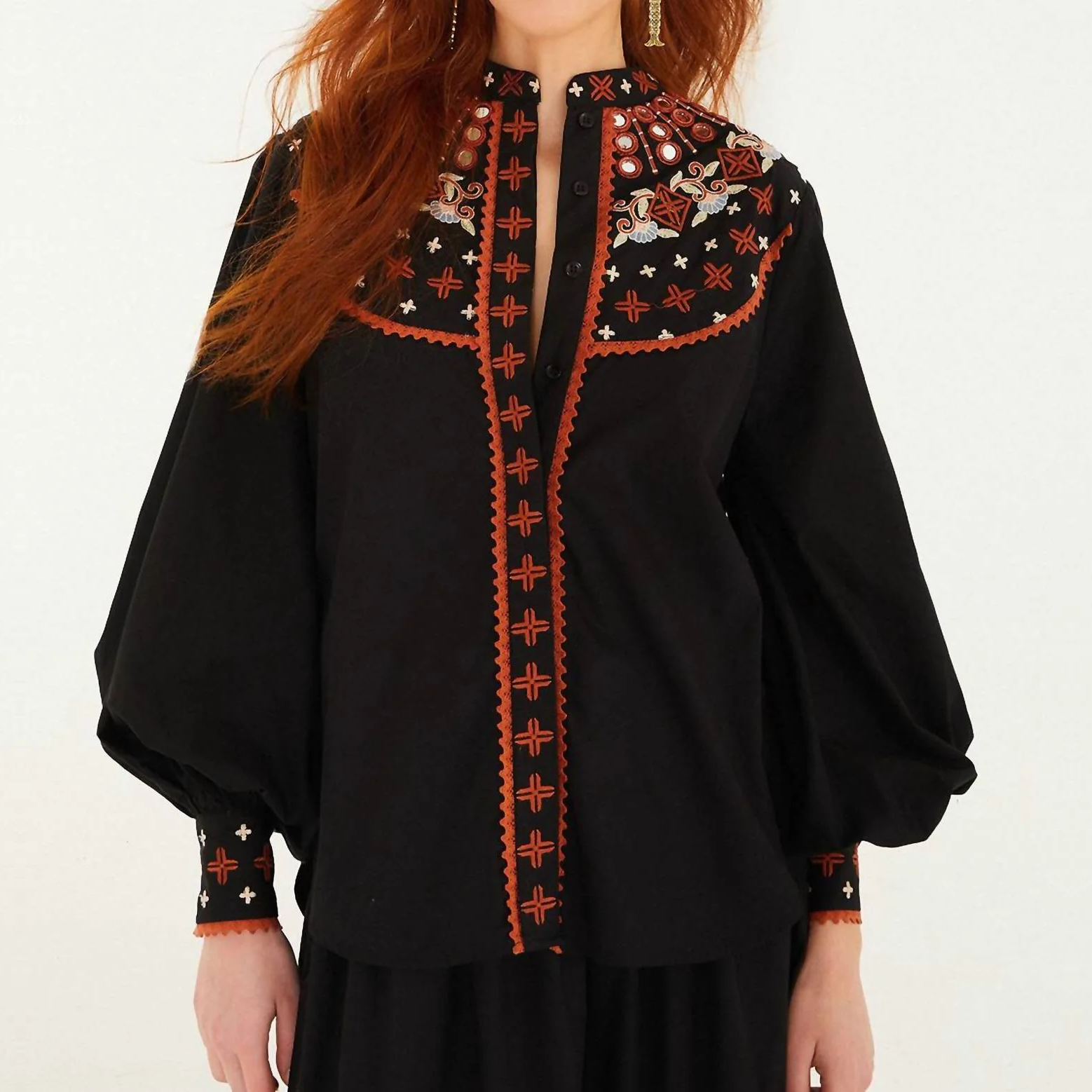 Farm Rio Embroidered Button Front Blouse