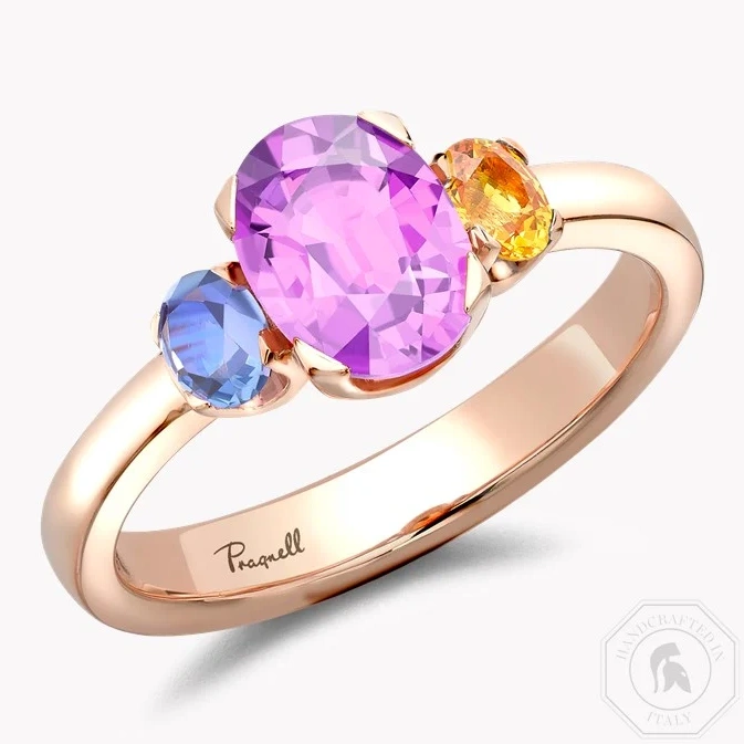 Rainbow Fancy Sapphire Three-stone Ring 1.77ct In 18ct Rose Gold - Oval Cut, Claw Set
