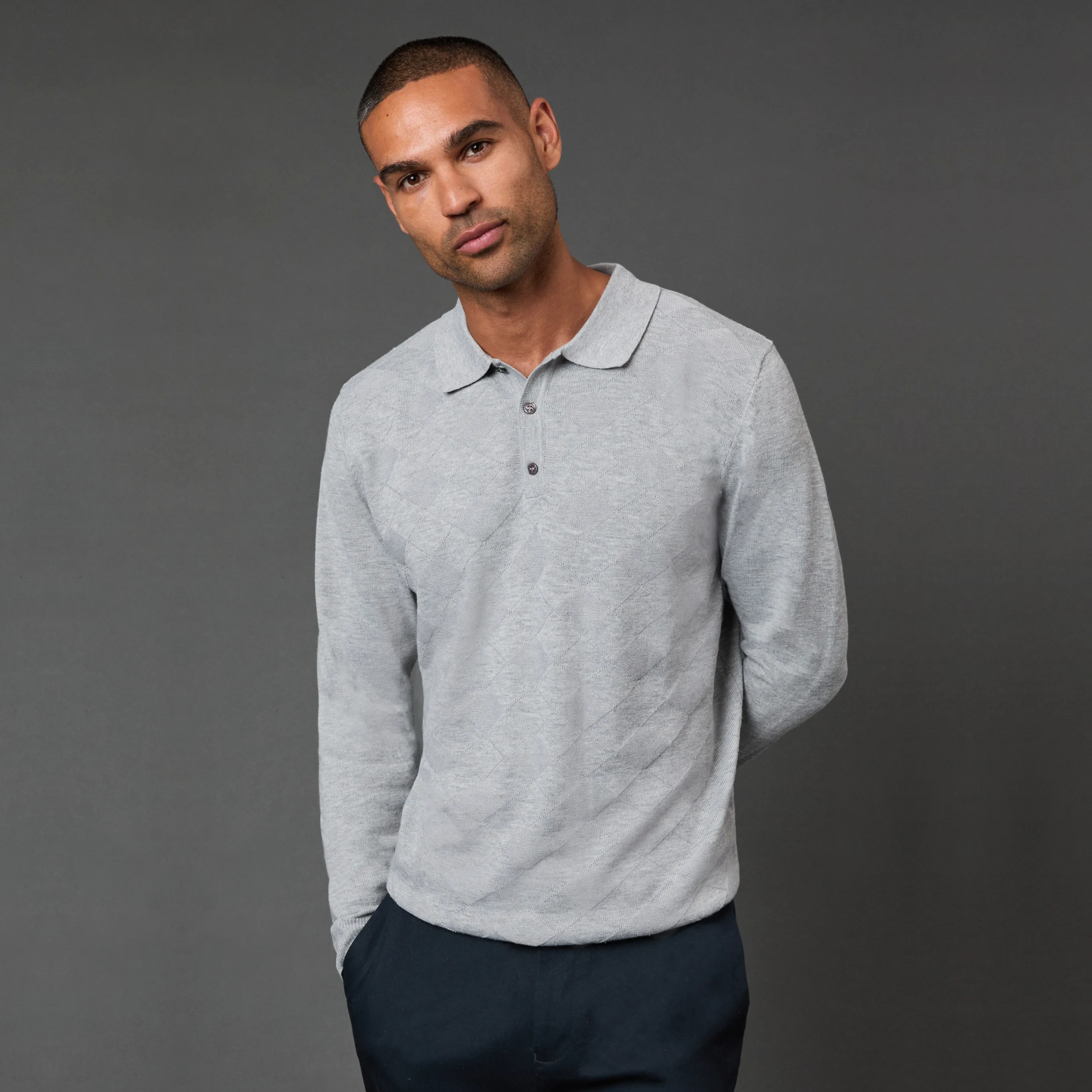 Light Grey Textured Long Sleeve Knitted Polo