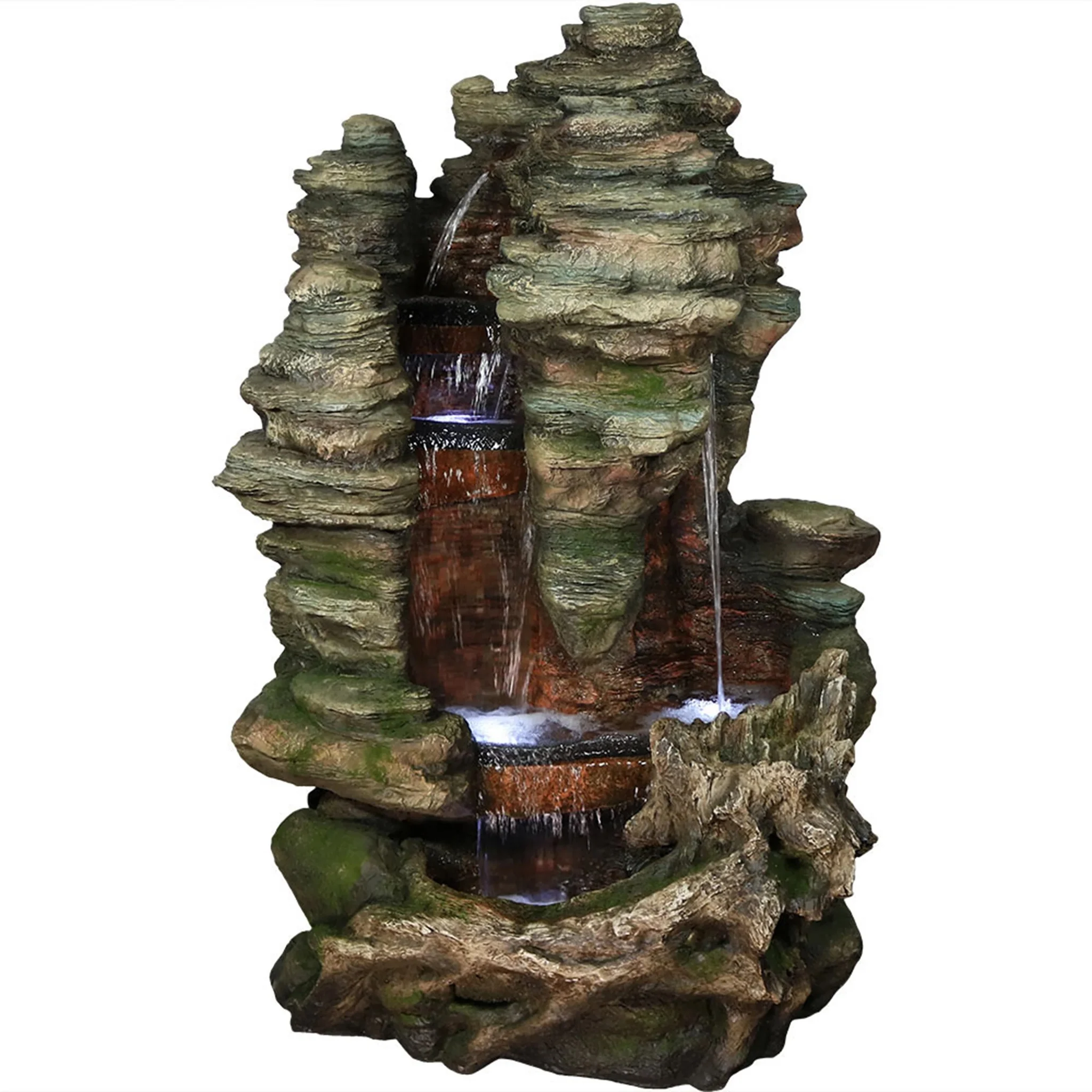 Sunnydaze Flat Rock Summit Large Outdoor Waterfall Fountain With Led Lights, 61 Inch Tall